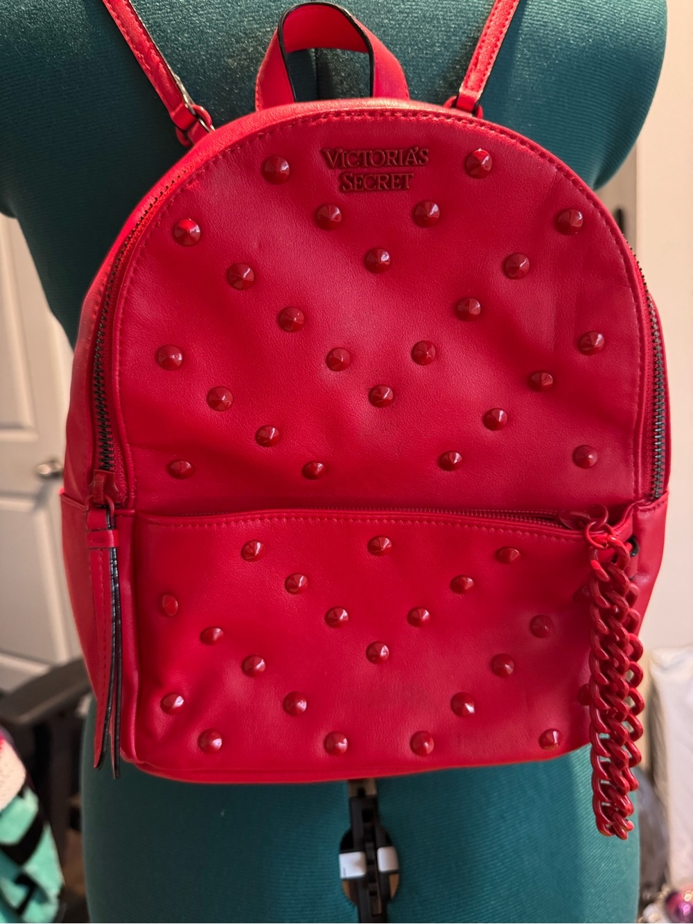 Victoria's Secret Red Studded Mini Backpack with Chain Accent